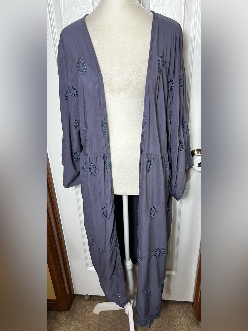 Boho Duster Kimono Cardigan Lightweight Navy Blue 3/4 Sleeve Bohemian L/XL